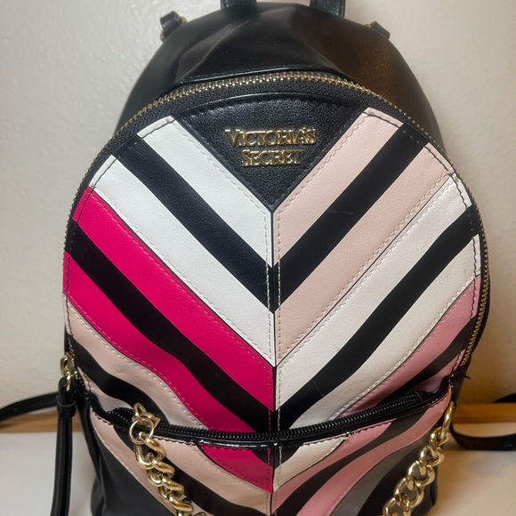Victoria's Secret Handbags - Victoria’s Secret Mini Backpack – Chevron Stripe, Black/ Pink, Chain Detail